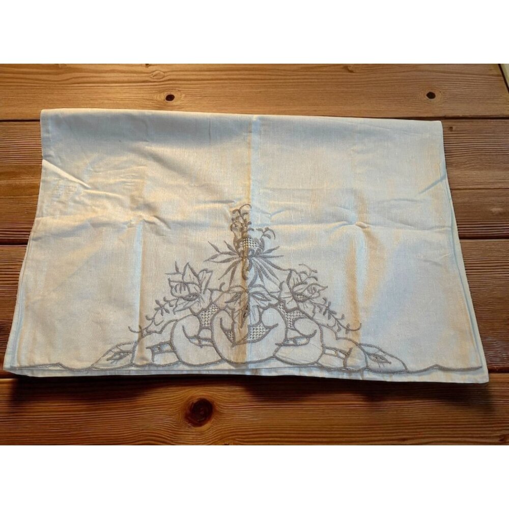 Embroidered Beige and Gray / Taupe Pillowcase 26"x21" unused